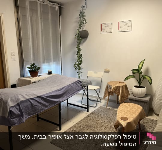 חדר טיפולים עם מיטת עיסוי וצמחים